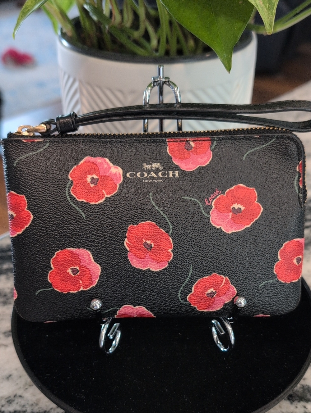 Coach Black Red Poppy Print Wristlet